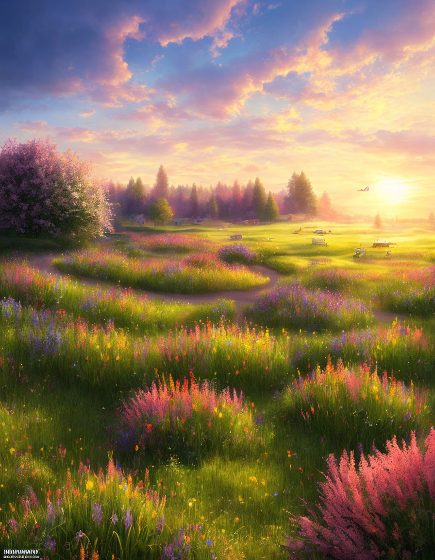 Tranquil Sunset Meadow with Vibrant Wildflowers
