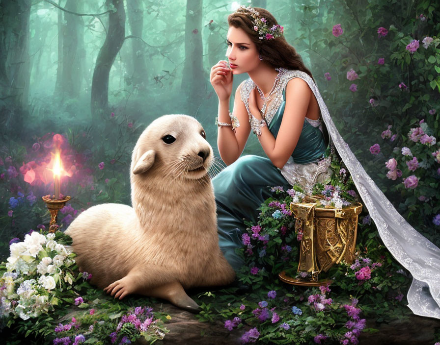 Woman in elegant dress gazes at seal in fantastical forest with flowers and lantern.