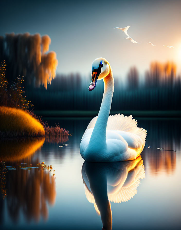 Majestic swan gliding on tranquil lake at twilight