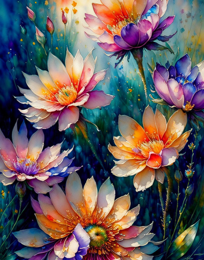 Colorful Watercolor Painting of Detailed Lotus Flowers on Dark Background