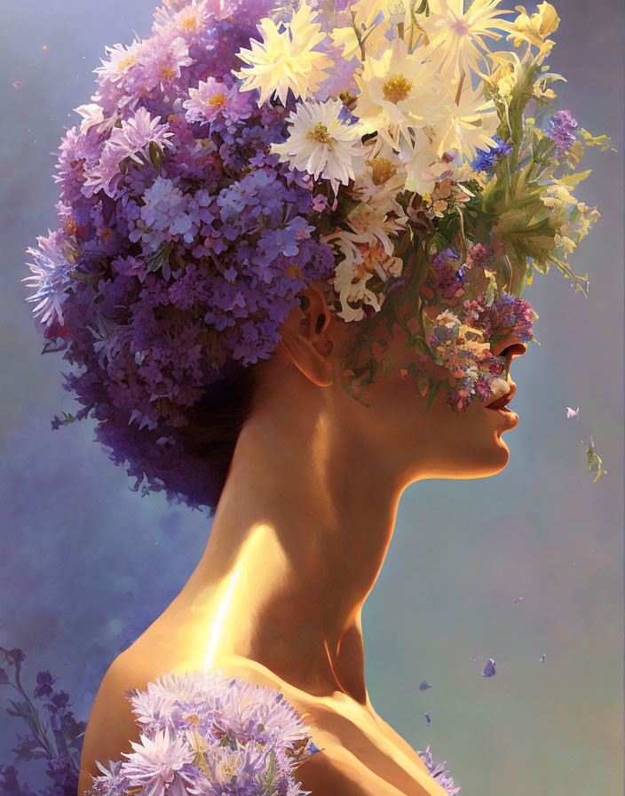 Profile of woman with vibrant purple and white flower crown on soft background