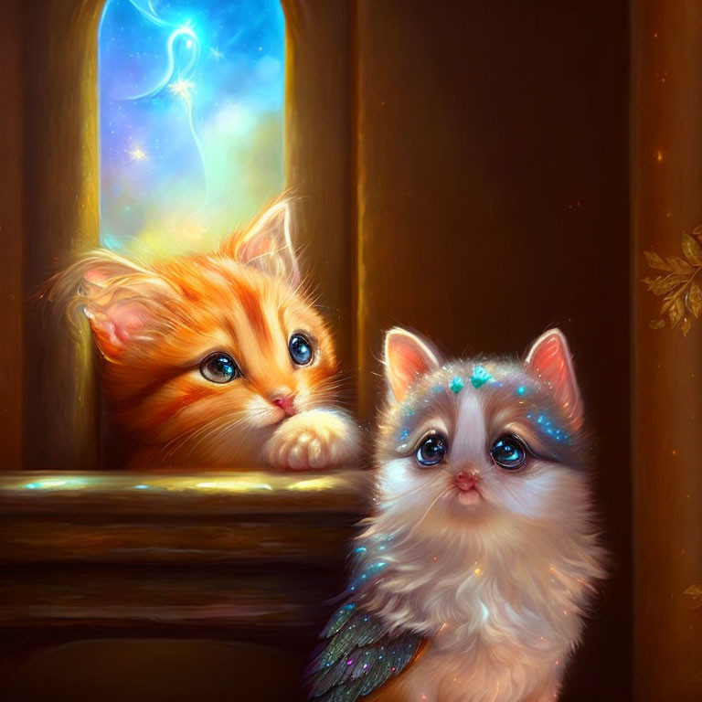 Two whimsical kittens with expressive eyes by a window: one fiery orange, the other grey with blue