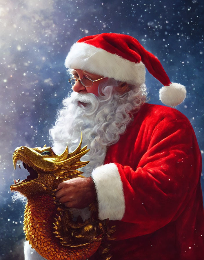 Traditional Santa Claus with red outfit and white beard holding golden dragon against starry night.