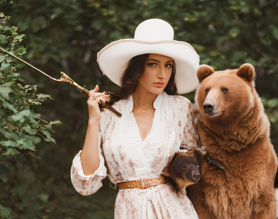 Woman in white dress with bear and cub in forest scene