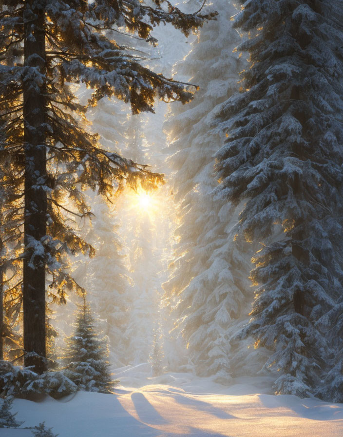 Winter forest scene: Sunlight through snow-covered pine trees