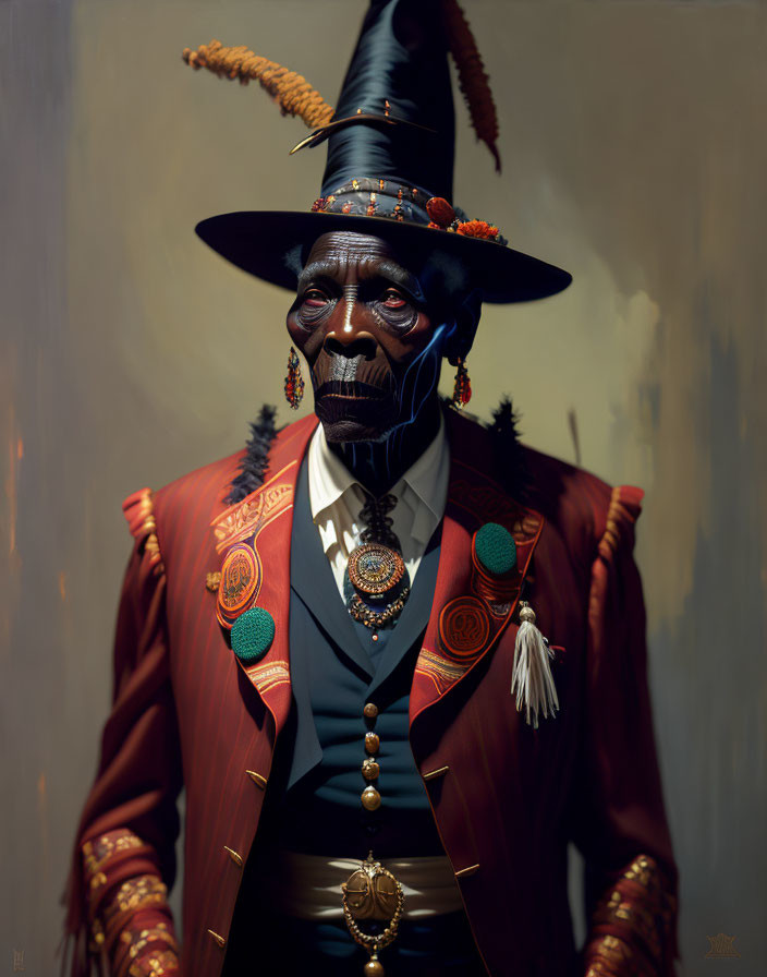Stylized illustration of dark-skinned man in Victorian attire with skull face paint