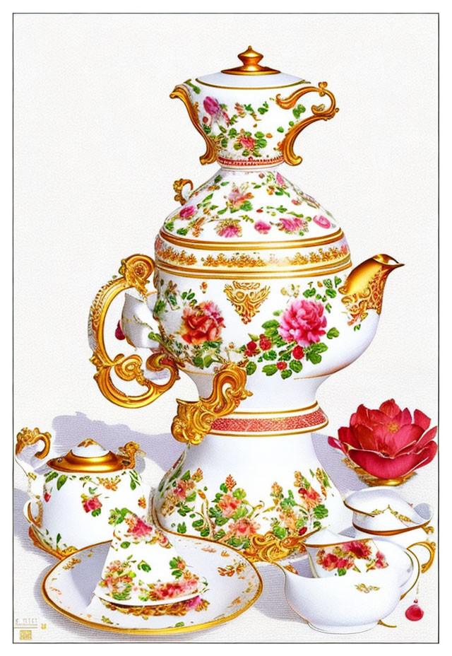 Porcelain Tea Set: Gold Trim, Floral Design, Teapot, Cups, Saucers,