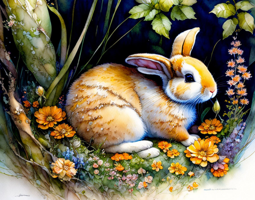 Vibrant rabbit surrounded by colorful flowers in whimsical garden