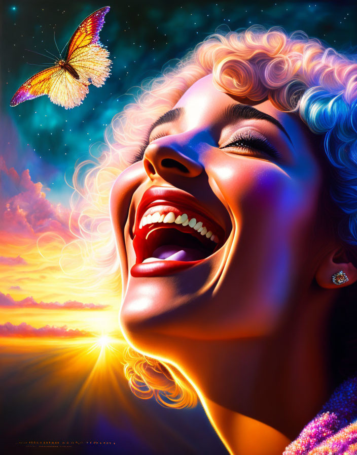 Colorful digital artwork: Smiling woman with curly hair and butterfly in sunset sky