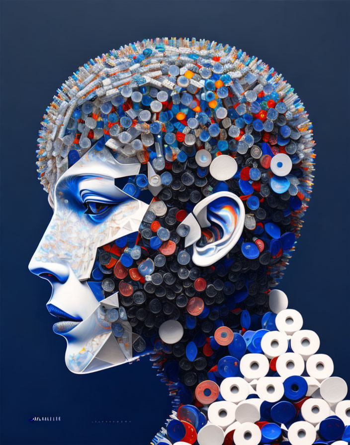Profile View Human Head Artwork: Colorful Cylindrical Pieces on Dark Blue Background