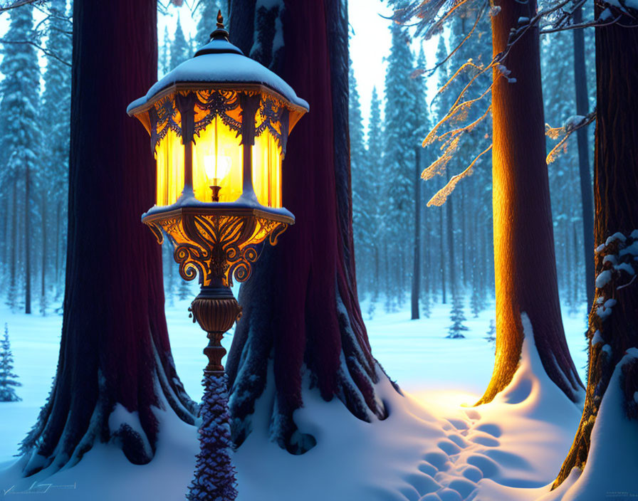 Snow-covered forest scene with ornate lamp post and warm glow