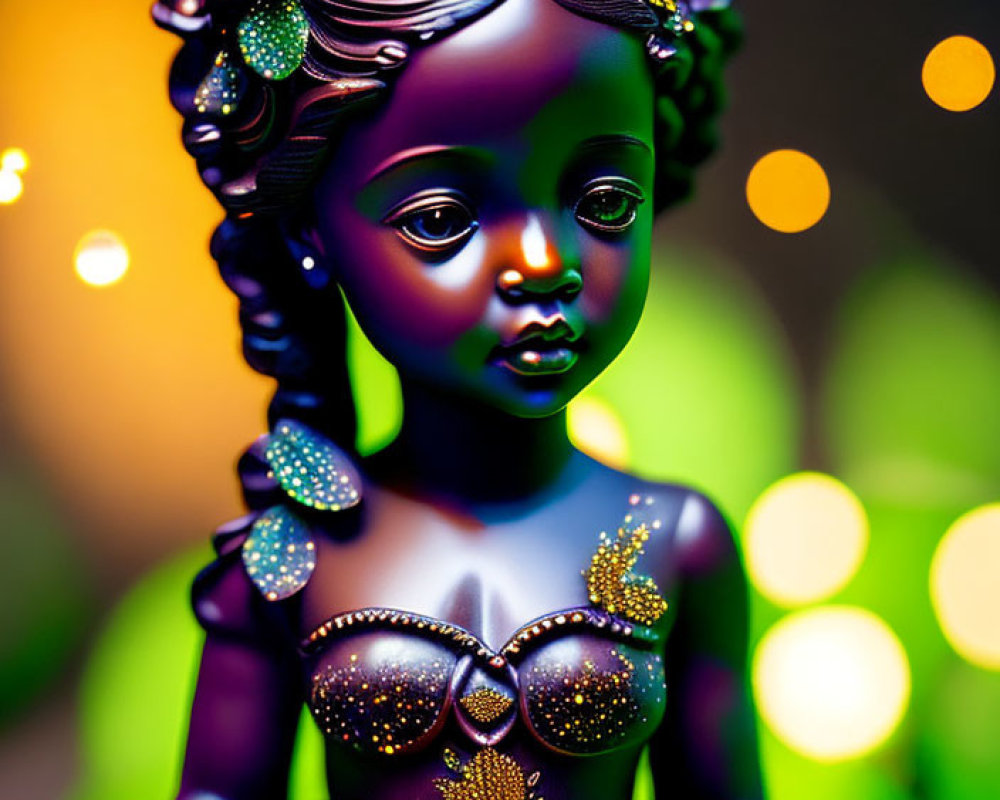 Intricately detailed figurine on vibrant bokeh backdrop