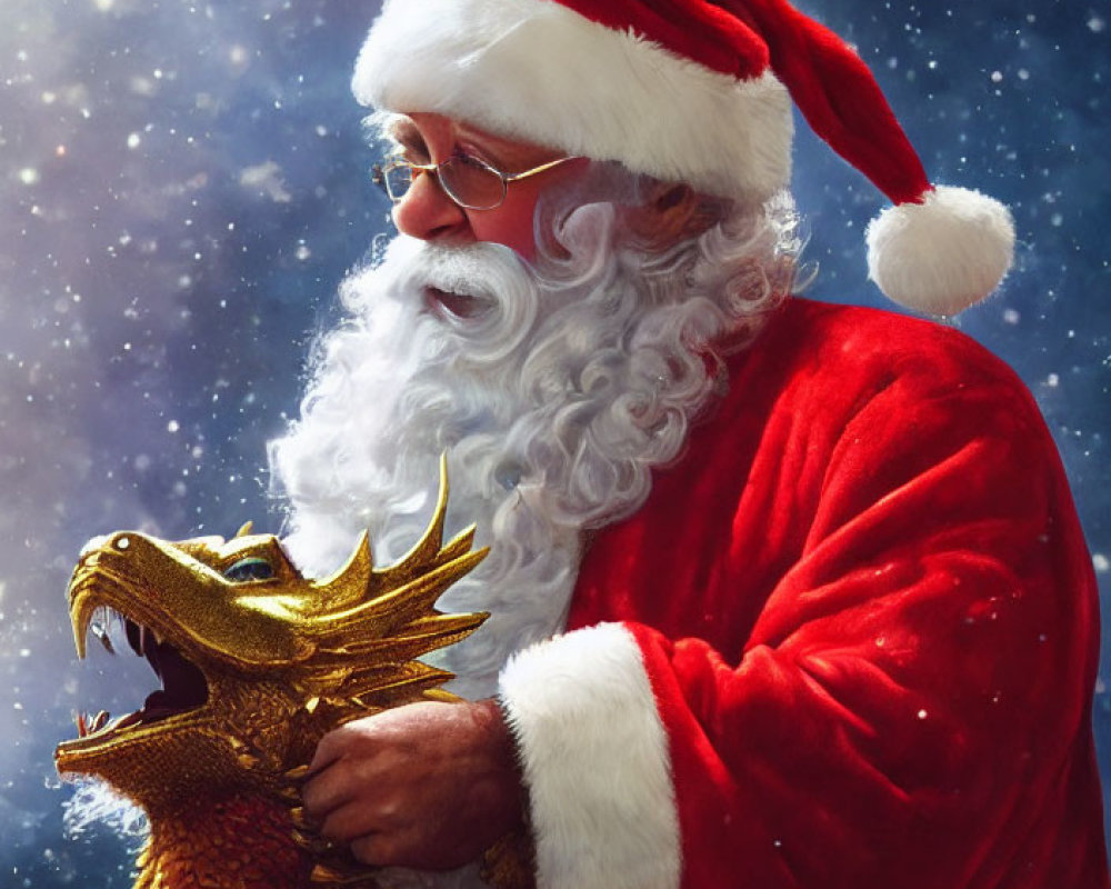 Traditional Santa Claus with red outfit and white beard holding golden dragon against starry night.