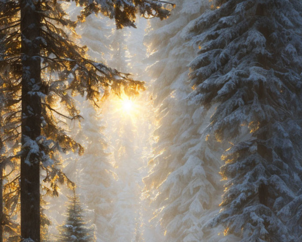 Winter forest scene: Sunlight through snow-covered pine trees