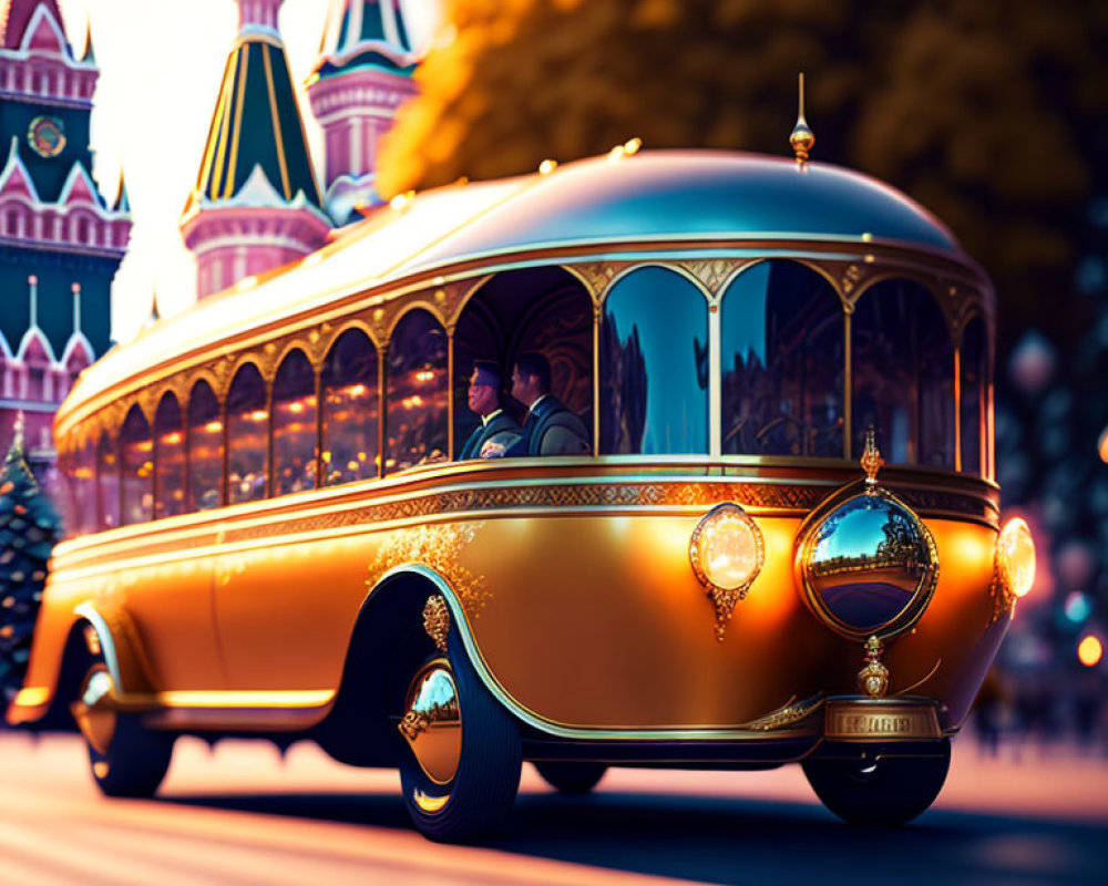 Vintage-Style Bus with Golden Embellishments in City with Colorful Spires