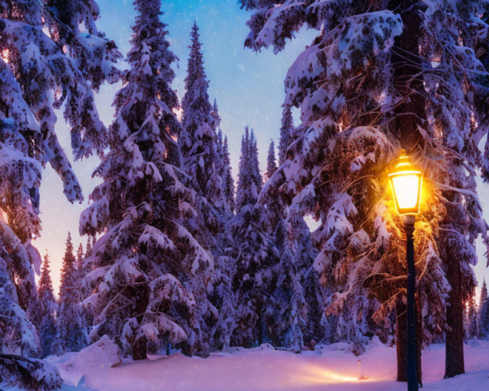 Winter scene: Snow-covered trees by glowing street lamp at twilight