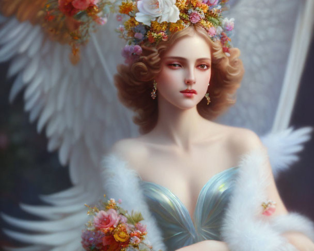 Ethereal figure with white wings and floral crown in light blue gown