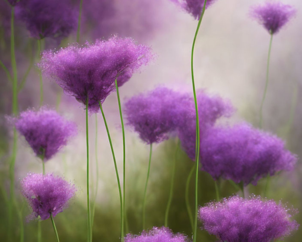 Tall Purple Flowers with Fluffy Tops on Soft Purple and White Background