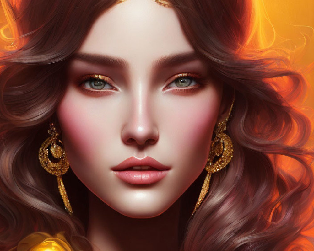 Digital artwork of woman with wavy hair, blue eyes, gold jewelry, purple outfit, orange backdrop