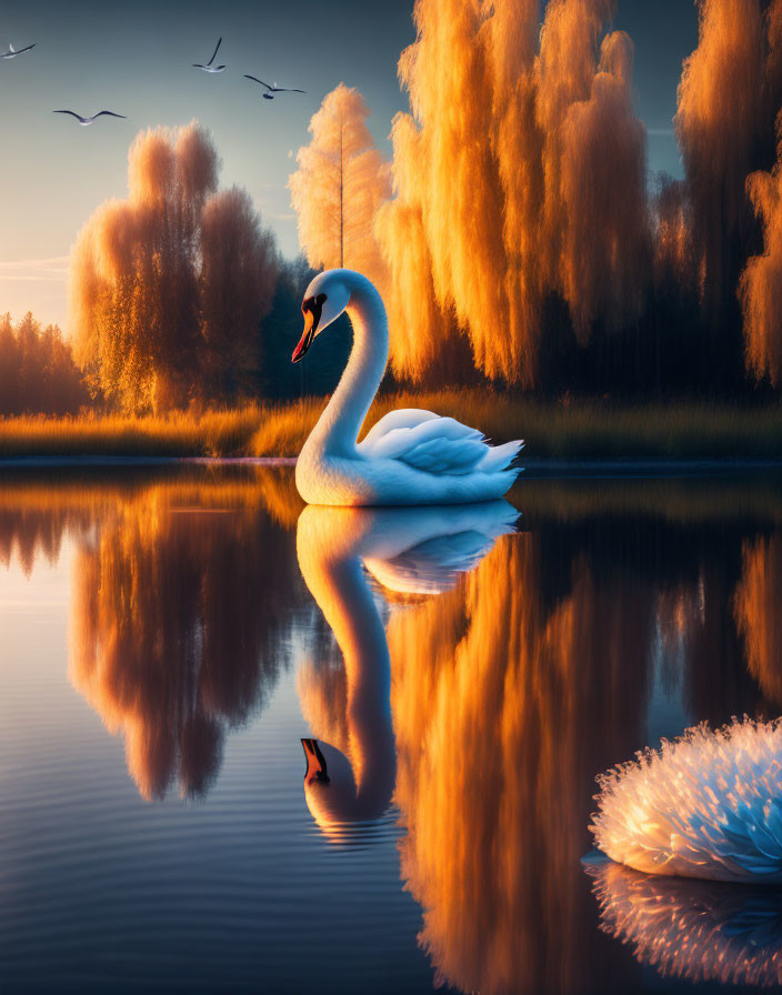 Swan gliding on calm lake at sunset with golden light and tree reflections