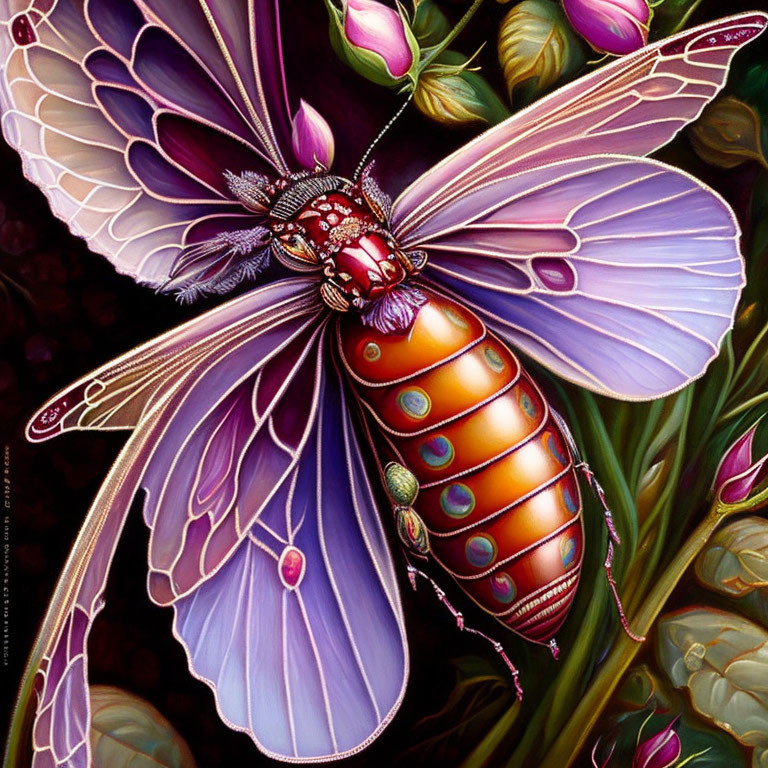 Colorful butterfly-winged creature in a dark floral setting