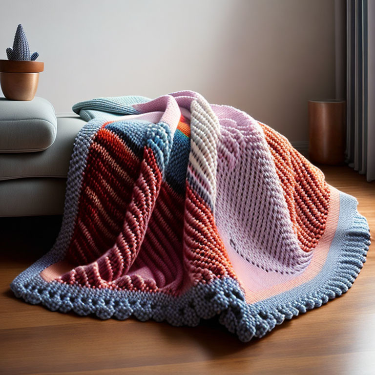 Colorful Knitted Blanket with Blue, Pink, and Orange Stripes on Gray Sofa