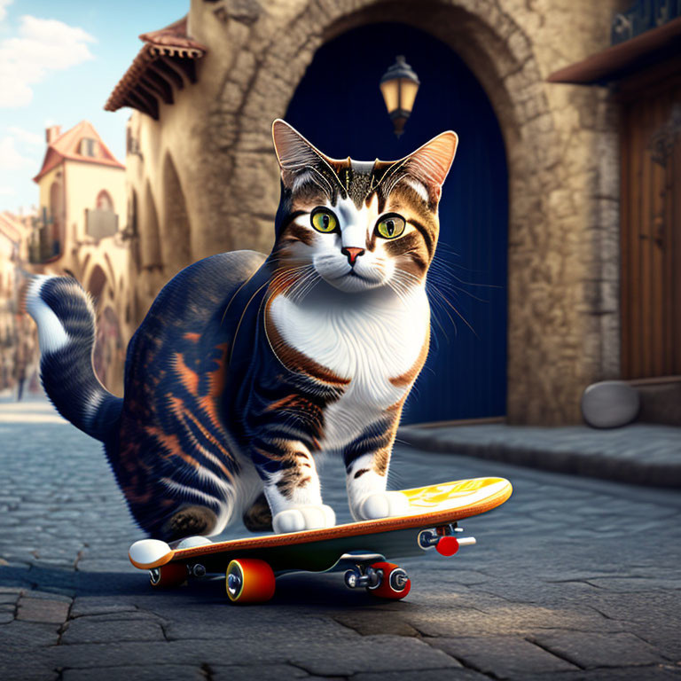 Photorealistic cat doing skateboard tricks 