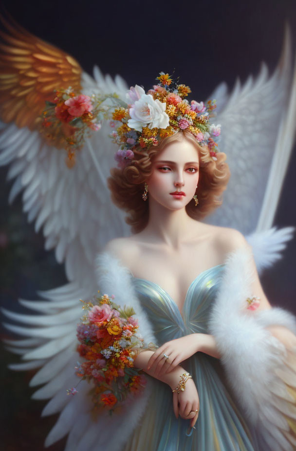 Ethereal figure with white wings and floral crown in light blue gown