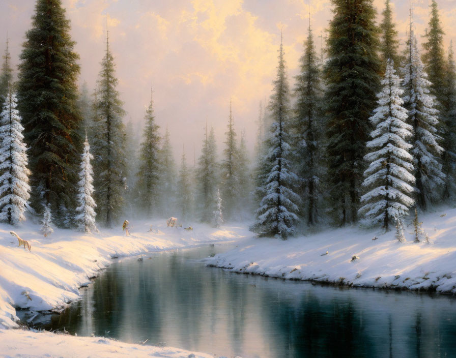 Snow-covered forest and reflective river in serene winter scene