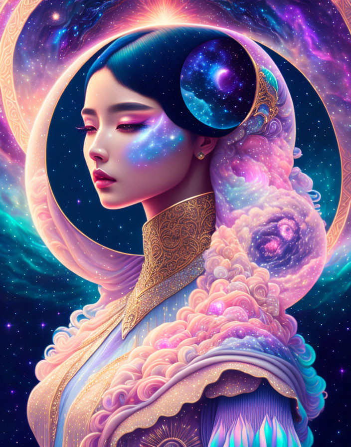 Digital artwork of woman with cosmic halo and intricate star motifs