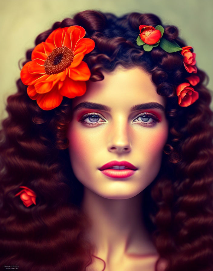 Curly-Haired Woman with Orange Flowers, Red Lipstick, and Intense Eyes