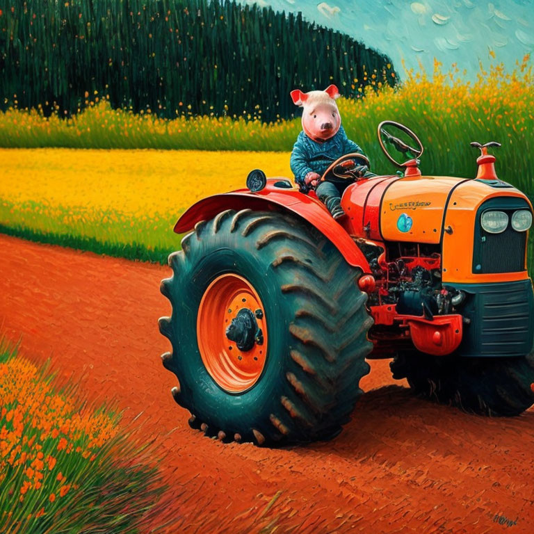 piglet on a red tractor