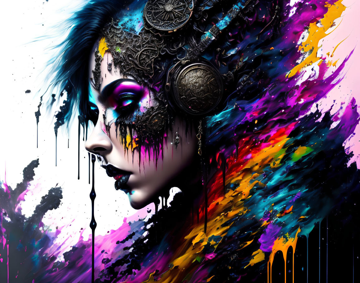 Colorful Digital Artwork: Woman's Face with Paint Splatters & Accessories