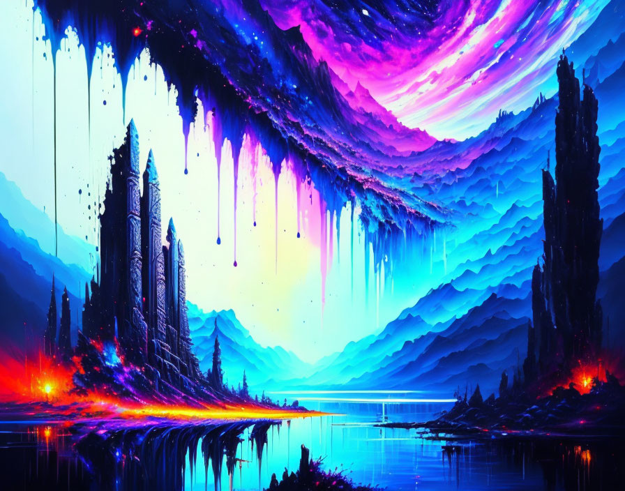 Surreal neon-lit landscape with reflective lake