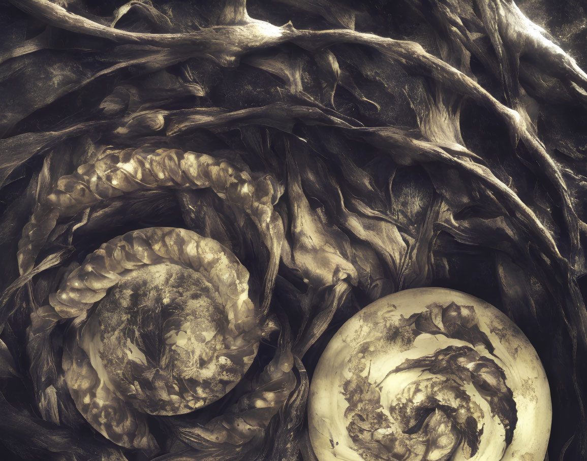 Abstract Close-Up of Spiral Patterns and Textures Resembling Natural Elements in Sepia Tones