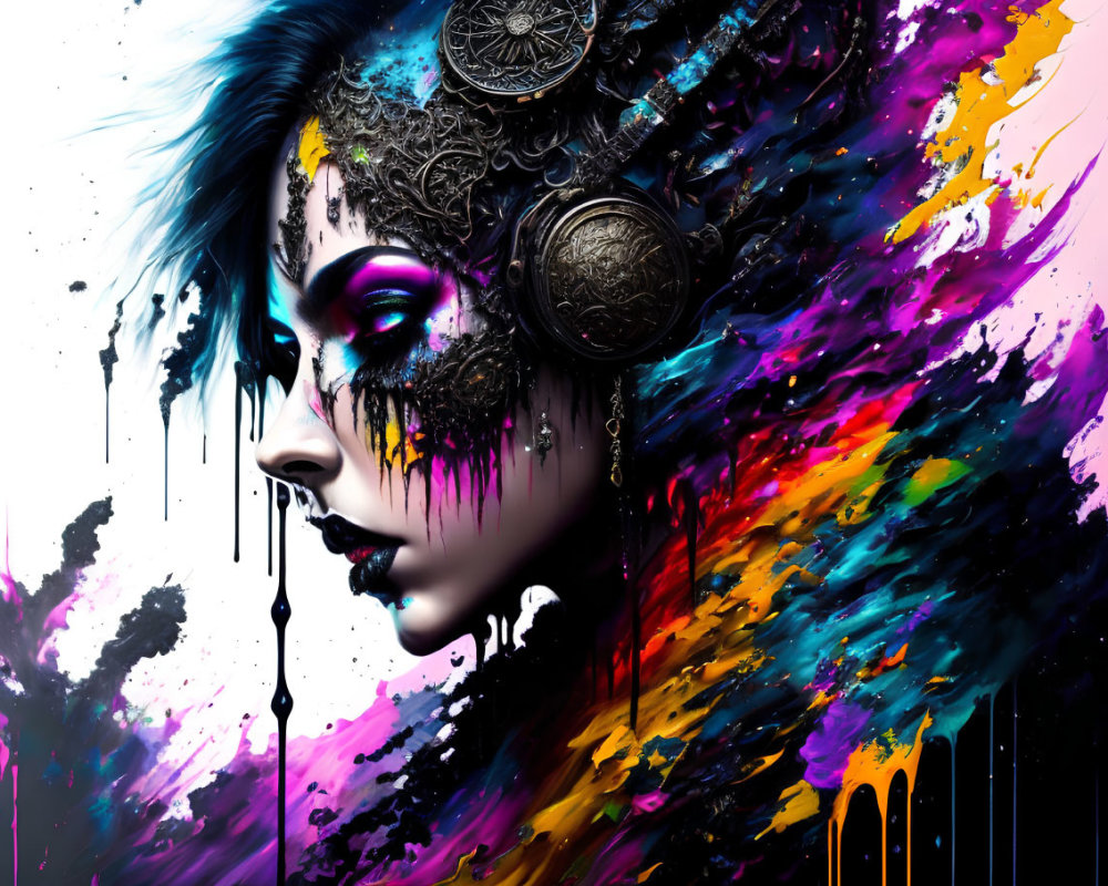 Colorful Digital Artwork: Woman's Face with Paint Splatters & Accessories