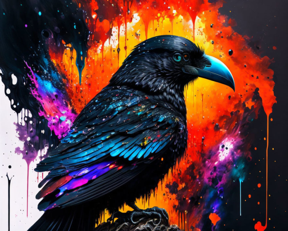 Colorful digital artwork: Raven with glossy black plumage on abstract red, yellow, and blue background