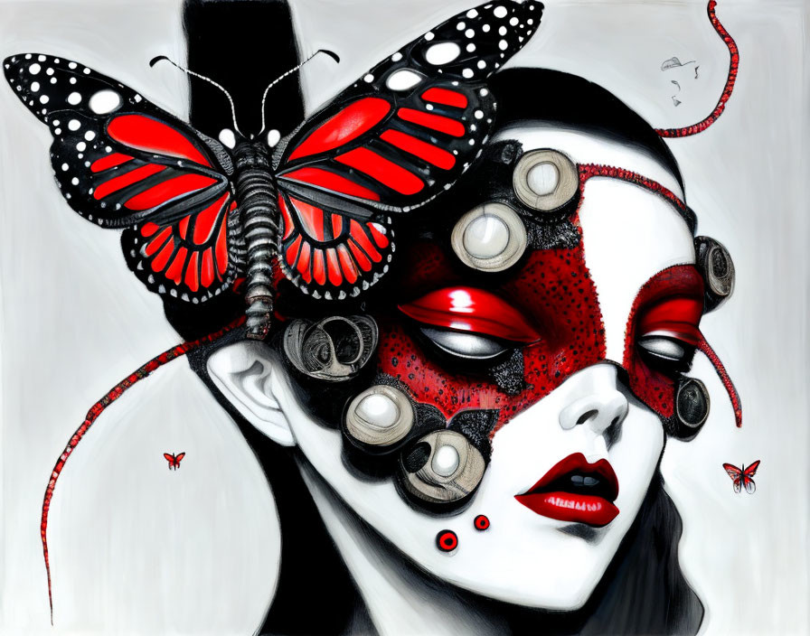 Surreal artwork: Woman with butterfly mask in monochrome palette