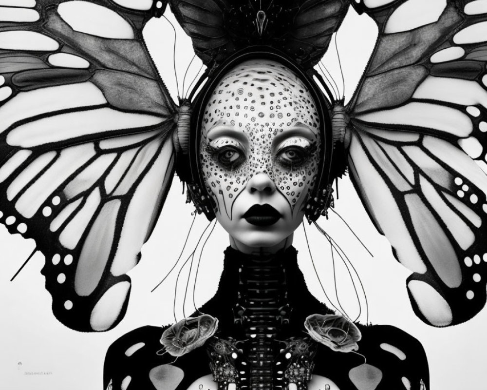 Person with butterfly wings and futuristic bodice in monochrome image