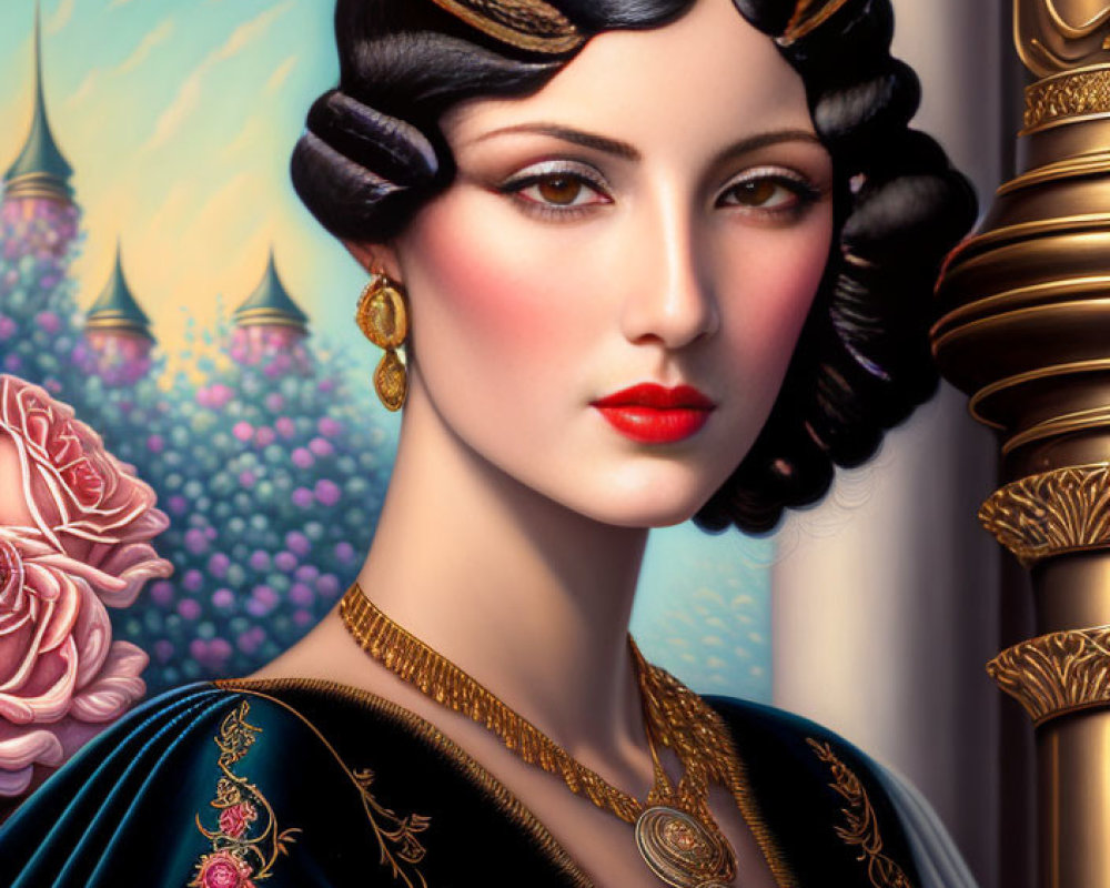 Illustrated portrait of woman in 1930s style with blue dress and fantasy backdrop.