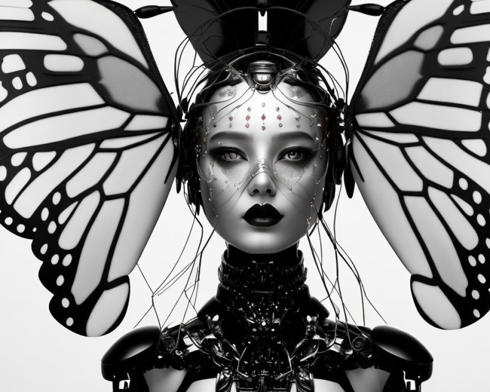 Monochromatic humanoid figure with butterfly wings and futuristic headgear