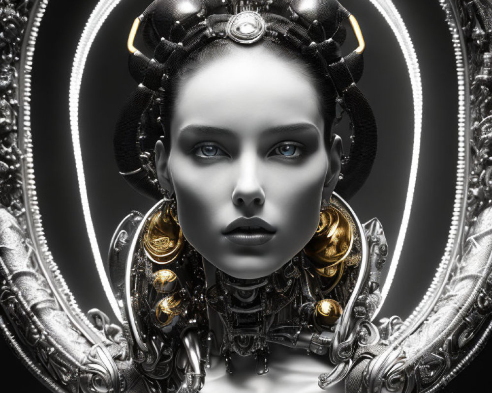 Futuristic female figure with ornate collar and blue eyes in luminous oval frame