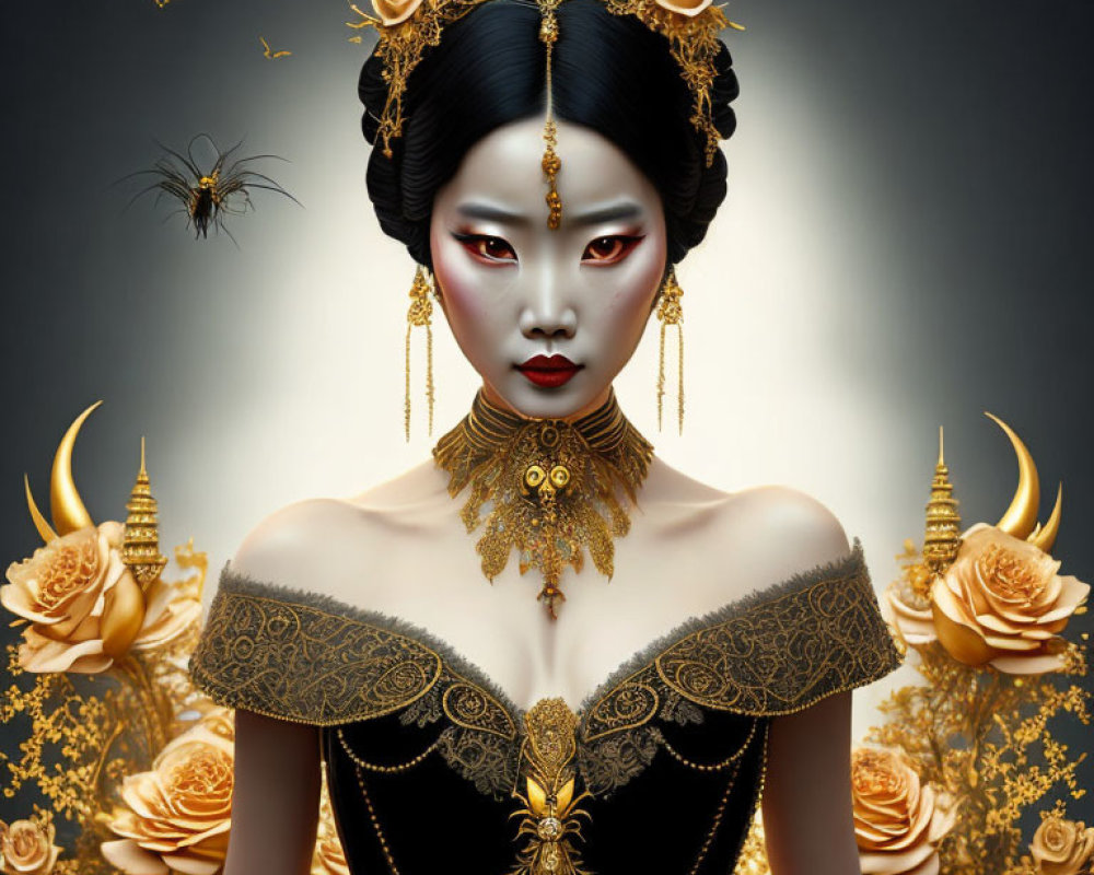 Detailed illustration of woman with ornate gold jewelry and headdress, dark lipstick, intense gaze, set