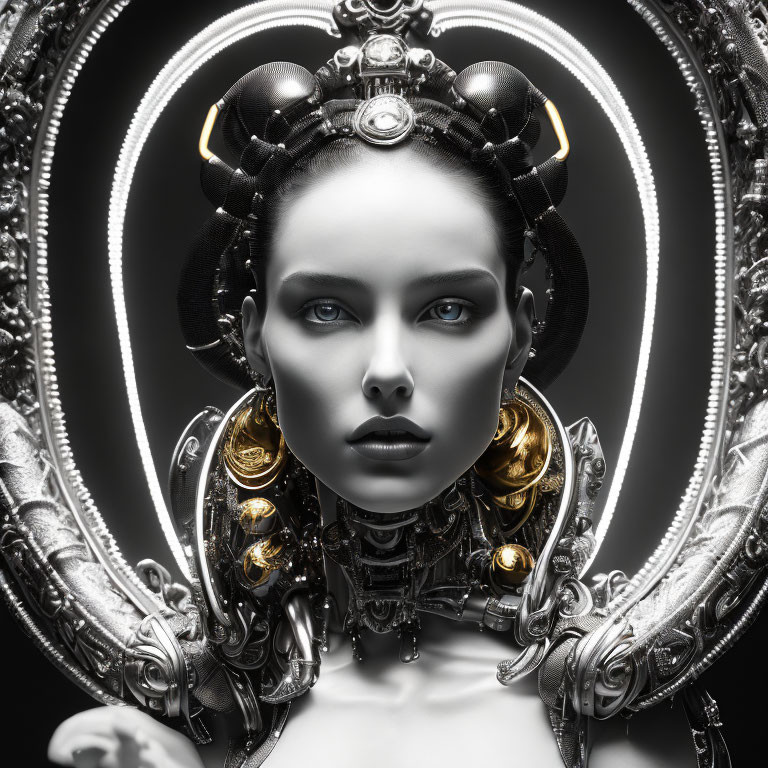 Futuristic female figure with ornate collar and blue eyes in luminous oval frame