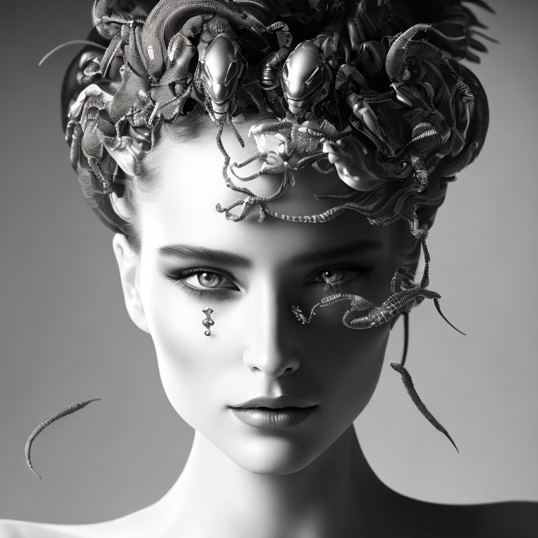 Monochrome portrait of woman with serpentine hairstyle and bold makeup