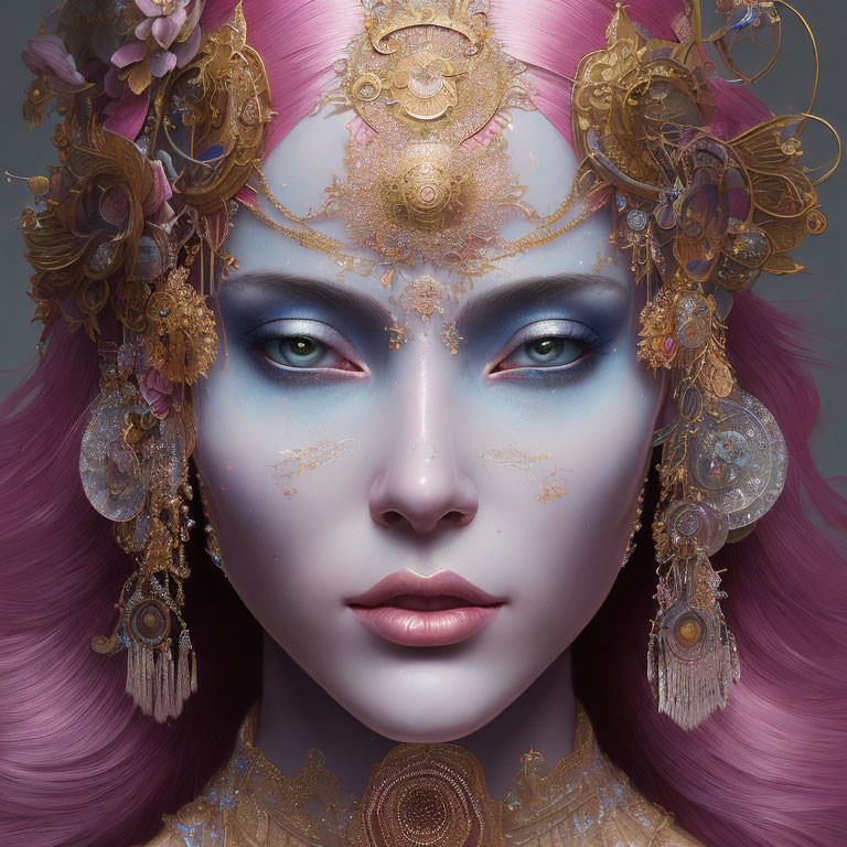 Character with Purple Hair, Blue Skin, and Gold Headpiece with Flowers and Jewelry