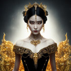 Detailed illustration of woman with ornate gold jewelry and headdress, dark lipstick, intense gaze, set