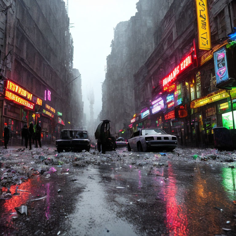 Rain-soaked street with neon signs and vehicles in a post-apocalyptic vibe