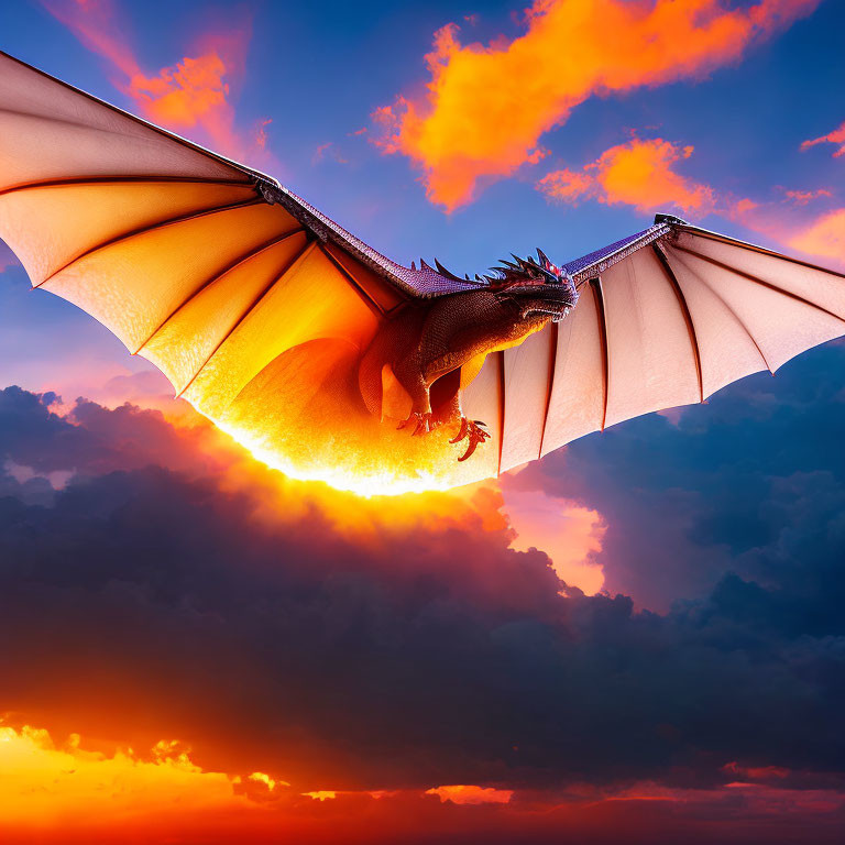 Majestic dragon flying against vibrant sunset sky