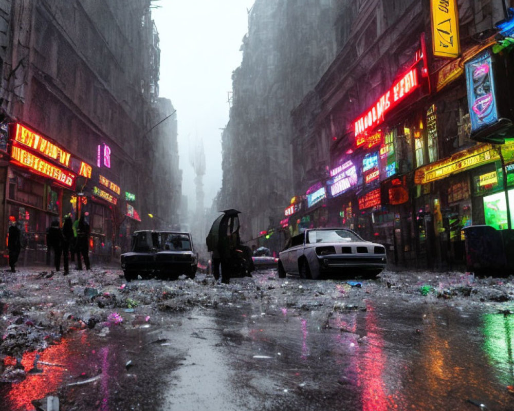 Rain-soaked street with neon signs and vehicles in a post-apocalyptic vibe